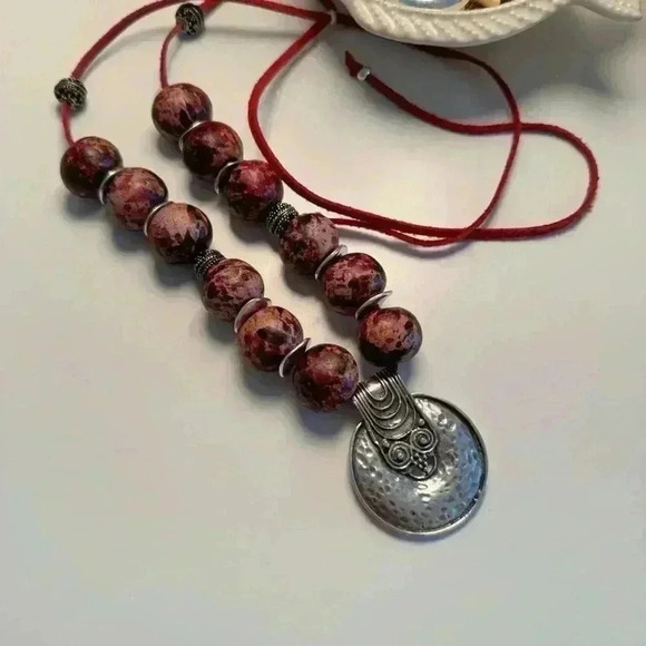 CERAMIC beaded greek statement necklace w/ silver disk pendant - Picture 4 of 7